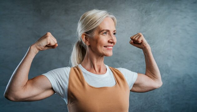 Older woman in great physical shape shows her biceps on gray background