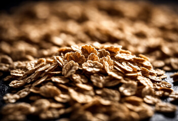 Close-up macro image of oatmeal flakes background on full frame. Concept natural vegan food backgrounds and style for design, textures and wallpaper. Copy space