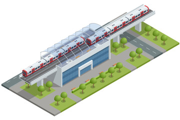 Isometric Subway City Train, Sky Train Road. Sky Train Station. Modern City Public Transport