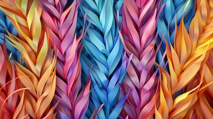 Colorful barley in the style of paper art, top view close up. Multicolored leaves - obrazy, fototapety, plakaty