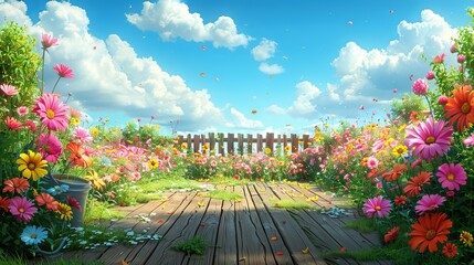 spring cartoon landscape banner with copy space. Patio with hedge and sun - obrazy, fototapety, plakaty