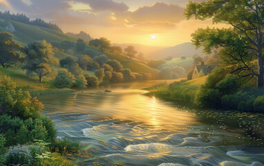 Sunset Over a Gentle River in a Peaceful Countryside Cottage.
