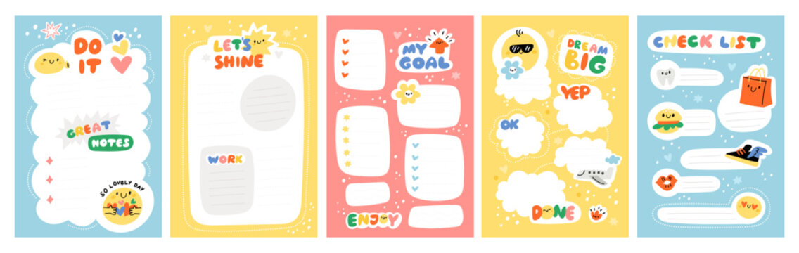 Trendy planner pages. Notebook stickers and organizer labels. Cute Scandinavian elements. Schedule funny kids decor. Checklist reminders. Scrapbook icons. Garish vector diary sheets set