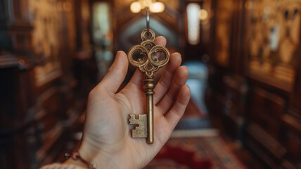 Fototapeta na wymiar A vintage key held up in an interior.