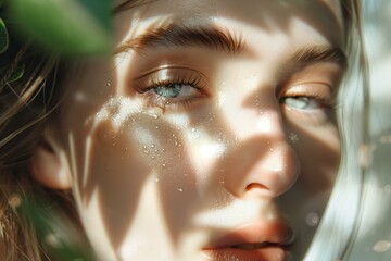 serene face illuminated by soft, natural light, emphasizing the model's radiant, hydrated skin. Include blurred, floating elements of nature like dewy leaves and delicate flower petals