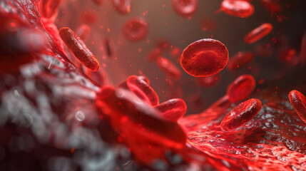 3D rendering of red blood cells in vein with depth of field flowing in one direction