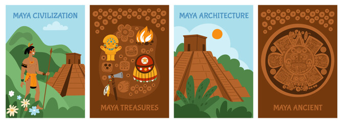 Maya civilization cards. Ancient culture. Aztecs or Incas traditions. Occult architecture. Applied arts. Mexican archaeological finds. Sacrifice temple. Indian warrior. Garish vector set