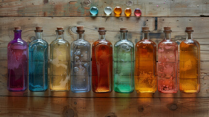 Colorful glass bottles in a row on wood