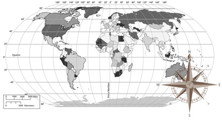 vintage compass on world map