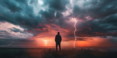 Man standing alone in thunder storm and feels depression 
