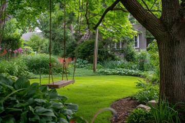 Enchanting Backyard lawn swing garden. Summer chair. Generate Ai