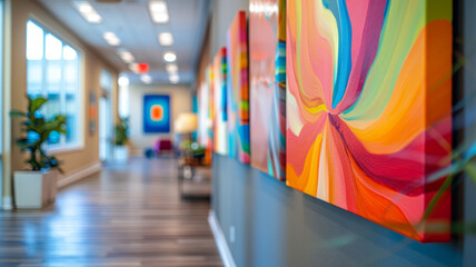 A colorful abstract painting in a gallery setting