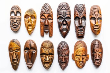 Wooden African Tribal Masks Set Isolated, Traditional Wooden Mask Carving on White