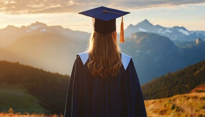 woman graduate student in cape and mortarboard standing proud on mountain top - obrazy, fototapety, plakaty
