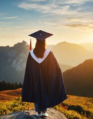 woman graduate student in cape and mortarboard standing proud on mountain top - obrazy, fototapety, plakaty