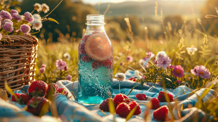 A jar of sparkling fruit drink on a picnic blanket at sunset - obrazy, fototapety, plakaty