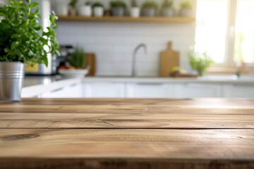 Wooden table top with copy space for product advertising over blurred white kitchen background at home with window and golden sunlight - obrazy, fototapety, plakaty