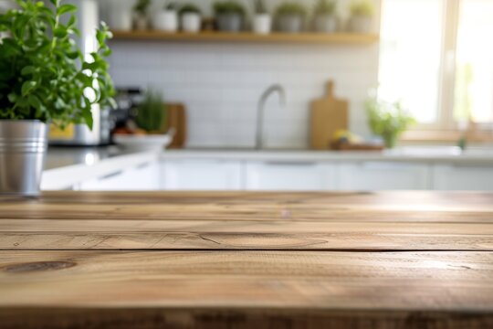 Fototapeta Wooden table top with copy space for product advertising over blurred white kitchen background at home with window and golden sunlight