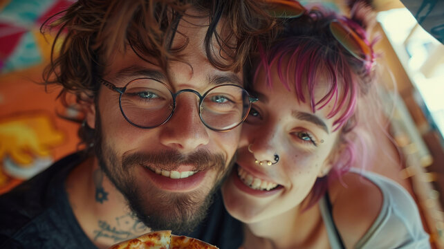 Two people sharing a pizza moment