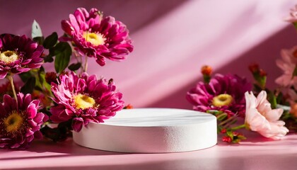  Round podium platform stand for beauty product presentation and beautiful flowers on pink background. with shadows