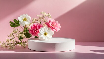Fototapeta na wymiar Round podium platform stand for beauty product presentation and beautiful flowers on pink background. with shadows