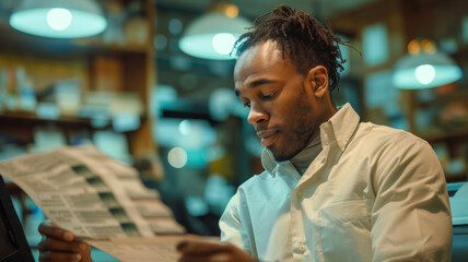 A young man reading a newspaper in a cafe