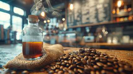 Smoke rising from bottle amidst coffee beans.