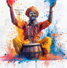 Man celebrating Holi festival with vibrant colors and traditional drum