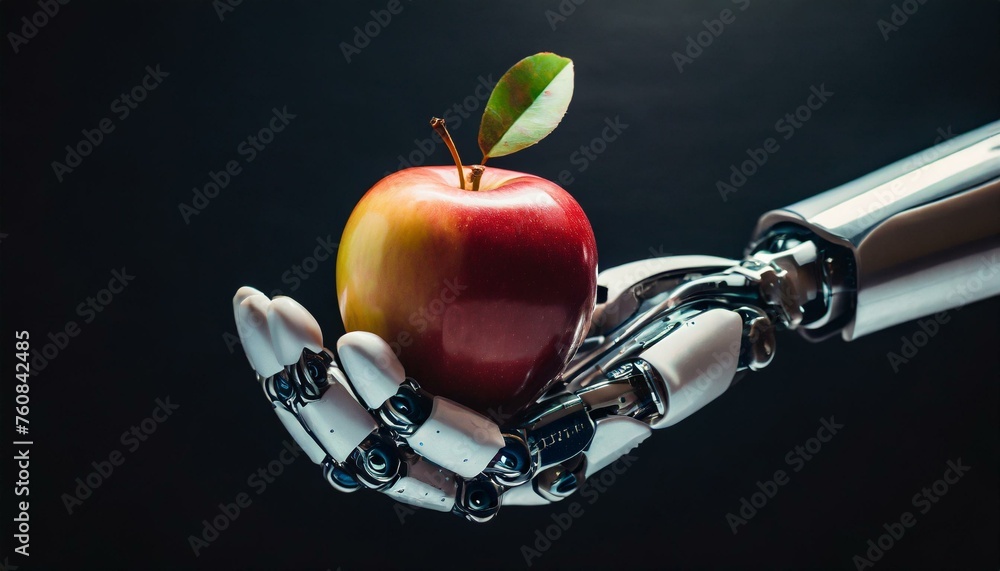 Canvas Prints robotic hand holding an apple, emphasizing gmo and automation