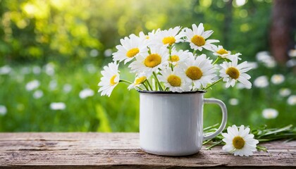 Rustic white enamel mug filled with fresh white daisies on a wooden table with a soft-focus green garden background