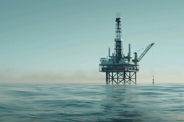 A large oil rig is floating in the ocean. The sky is clear and the water is calm