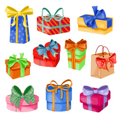 Cute gift boxes with colorful ribbon. Cartoon decorative presents packaging. Different birthday containers shapes. Christmas celebration. Holiday party prize elements. Recent vector set