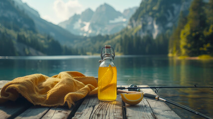 A bottle on a lakeside wooden deck with mountains