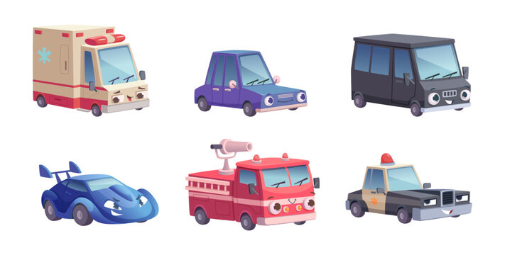 Cars with eyes. Cartoon vehicles mascot with different emotions exact cute funny faces on cars