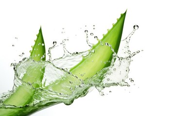 Aloe Vera Slices Fly Isolated, Aloe Vera Falling in Water, Aloevera Juice Splashing on White Background
