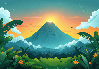 Tropical landscape with a volcano at sunset, lush greenery, and flying birds. Ideal for travel and...