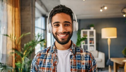 Portrait of an attractive young bearded hipster man smiling at the camera, wearing headphones, standing in the modern house, wearing a casual shirt. The view while the video-calling concept