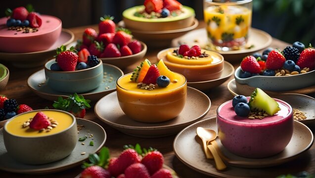 The image displays colorful bowls of fruit and yogurt parfaits, garnished with fresh berries, seeds, and mint leaves on a wooden table

