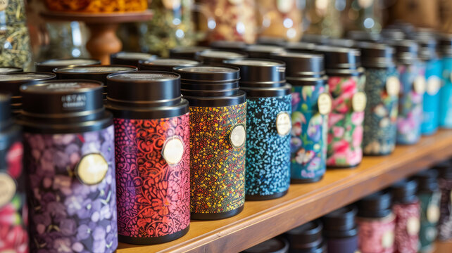 Row of decorative tea tins on a shelf