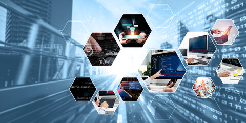 Computer programming, coding and AI artificial intelligence software development engaged by skilled...