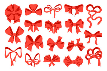 Cartoon red ribbons and bows. Decorative elements for gift wrapping. Birthday presents packaging. Party silk objects. Tied knots. Holiday celebration. Surprise box. Recent vector set