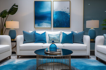 Interior design of a modern living room in art deco style in white and blue tones, a sofa with pillows and a coffee table