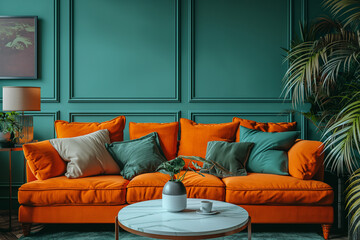 Interior design of a living room in art deco style, a sofa with pillows and a coffee table against the backdrop of the green wall
