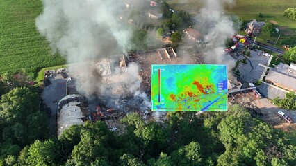 Drone thermal imaging smoking fire. Hot spots amidst debris revealing by futuristic overlay for...