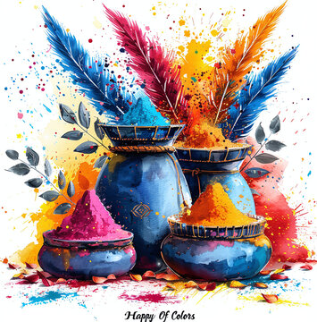 Colorful illustration of traditional Holi powder in pots with vibrant feathers and splashes, symbolizing the Indian festival of colors.