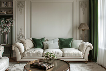 Interior design of a living room in art deco style in white and green tones, a sofa with pillows and a coffee table