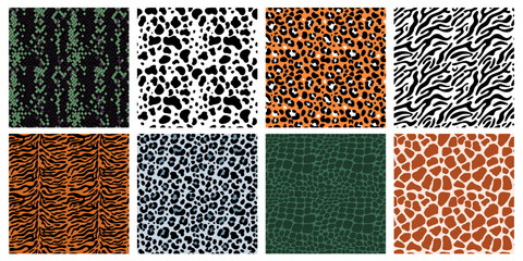 Fototapeta premium Animal fur and skins seamless patterns. Natural prints. Mammals or reptiles exotic colors. Leather with spots and stripes. Snake scales. Zebra and leopard backgrounds. garish vector set