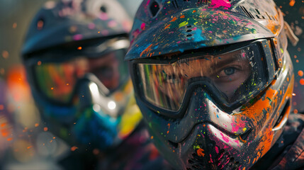 a duo engaged in a playful paintball battle, their faces covered in vibrant splashes of color as they navigate through an exciting outdoor arena.  - obrazy, fototapety, plakaty