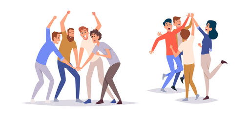 Business team. Group of success managers celebrate business victory exact vector happy characters in work collaboration