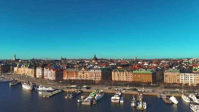 Stockholm old town - Ostermalm, next to Gamla stan district. Aerial 4K footage of Sweden capital. Drone top view panorama video